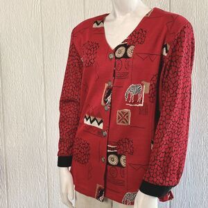 Peter Popovitch Cardigan Womens L Art to Wear Eccentric Zebra Safari Giraffe Red